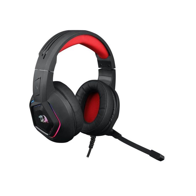 Redragon H280 MEDEA RGB Wired Gaming Headset – Stereo Sound, Hexagonal Mesh Cup, Rainbow RGB Dragon Logo, Detachable Boom Mic, Red Leather Ear Pads – Black/Red