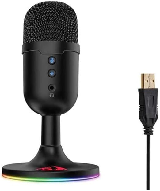 Redragon GM301 FENRIS USB Streaming Microphone – RGB Base, Zero-Latency 3.5mm Monitoring, Mic Mute & Volume Controls, Gold-Plated USB – Black