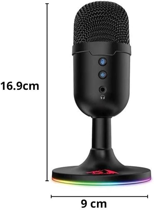 Redragon GM301 FENRIS USB Streaming Microphone – RGB Base, Zero-Latency 3.5mm Monitoring, Mic Mute & Volume Controls, Gold-Plated USB – Black