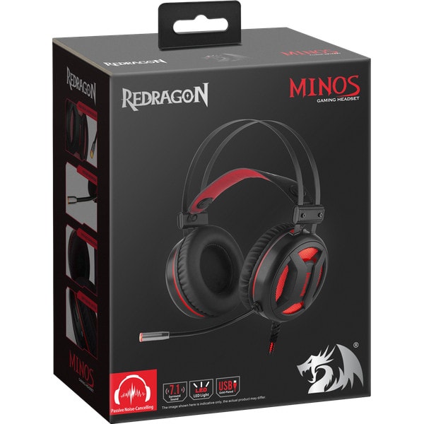 Redragon H210 MINOS Virtual 7.1 Surround USB Gaming Headset – 50mm Drivers, 32Ω, Omnidirectional Mic, Passive Noise-Cancelling, LED Light – Black/Red