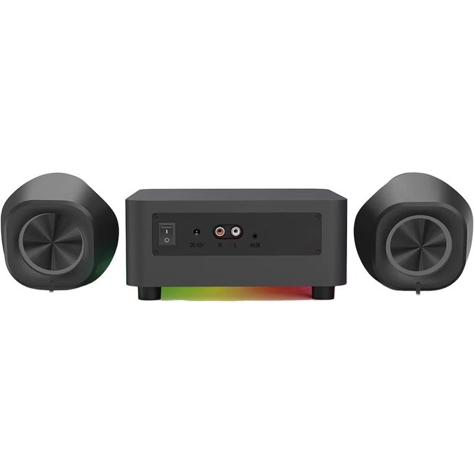 Redragon GS590 PRO 2.1 Channel RGB Gaming Speaker – 22W EQ Mode, Dual 2" Drivers + 4" Wooden Subwoofer, Bluetooth, AUX, Wireless Remote, Dynamic RGB – Black