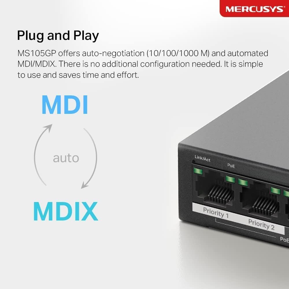 ميركوسيس سويتش بـ5 منافذ 10/100/1000 ميجابت لكل ثانية مع 4 منافذ PoE+ (MS105GP) 