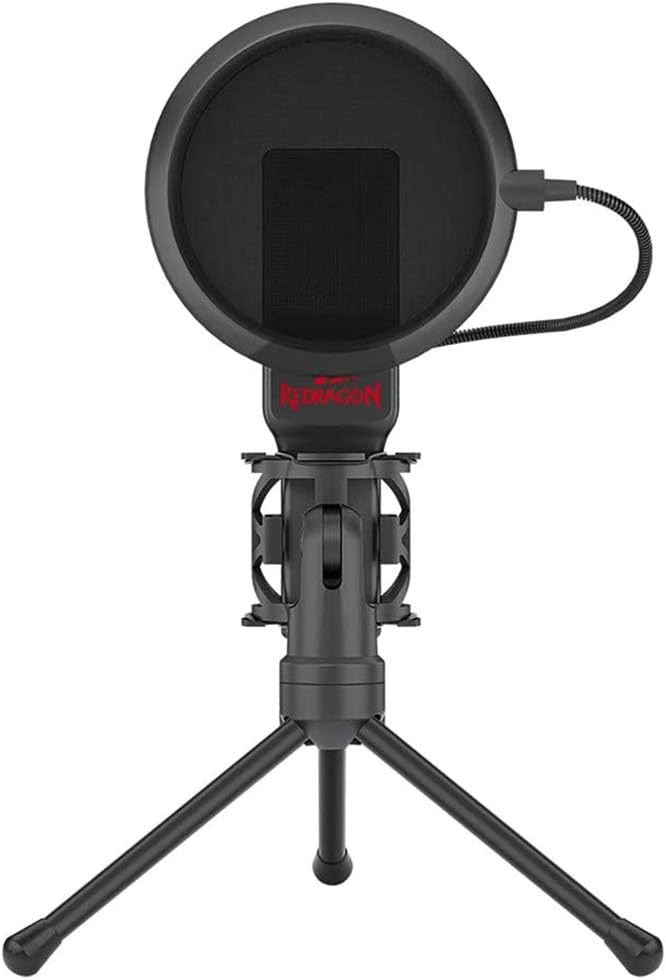 Redragon GM100 Gaming Stream Desktop Condenser Microphone – Cardioid Pattern, Shock Mount, Pop Filter, Tripod Stand, USB Plug-and-Play – Black