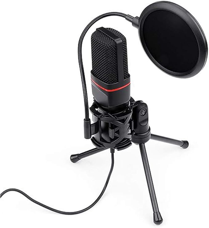 Redragon GM100 Gaming Stream Desktop Condenser Microphone – Cardioid Pattern, Shock Mount, Pop Filter, Tripod Stand, USB Plug-and-Play – Black