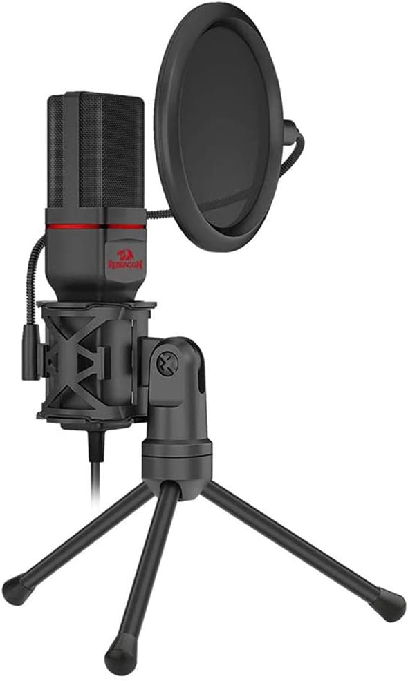 Redragon GM100 Gaming Stream Desktop Condenser Microphone – Cardioid Pattern, Shock Mount, Pop Filter, Tripod Stand, USB Plug-and-Play – Black