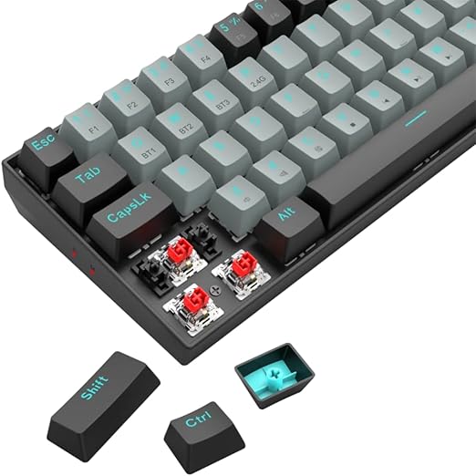 Redragon K662L-G1RS Wireless Portable 65% Mechanical Gaming Keyboard – 68 Keys, Red Switch, Double-Shot Keycaps, 2.4G + Bluetooth, 2×AAA Battery – Black/Gray