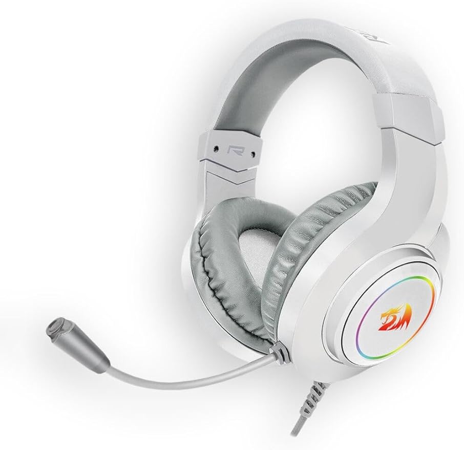 Redragon H260 HYLAS RGB Wired Gaming Headset – Rainbow RGB Ring, Leather Ear Cups, Flexible Gooseneck Mic, On-Cup Volume Slider, 3.5mm + USB – Black / White