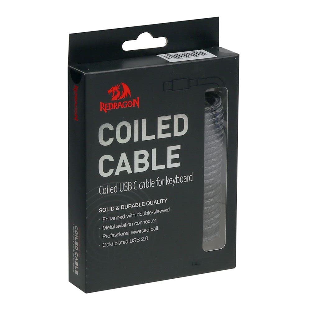 Redragon A115 Coiled USB-C Keyboard Cable – Double-Sleeved, Professional Reversed Coil, Aviator Connector, Gold-Plated USB-A – Space Gray / White