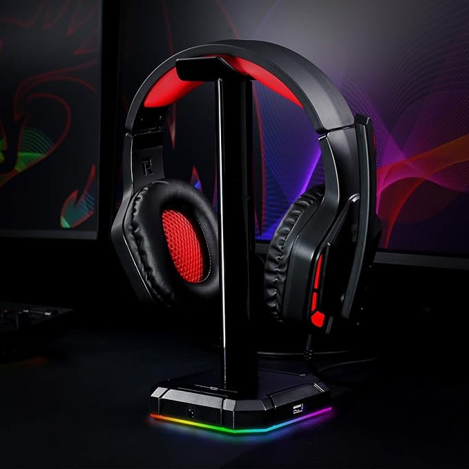Redragon HA300 SCEPTER PRO RGB Gaming Headset Stand – Aluminum Bar, 2x USB Hub, 3.5mm AUX, Type-C Powered, Non-Slip Base – Black