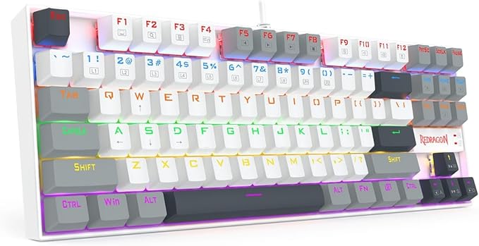 Redragon K552-WGL KUMARA RGB Wired Mechanical Gaming Keyboard – 87 Keys TKL, Hot-Swappable Red Switch, Rainbow LED – White/Gray/Black
