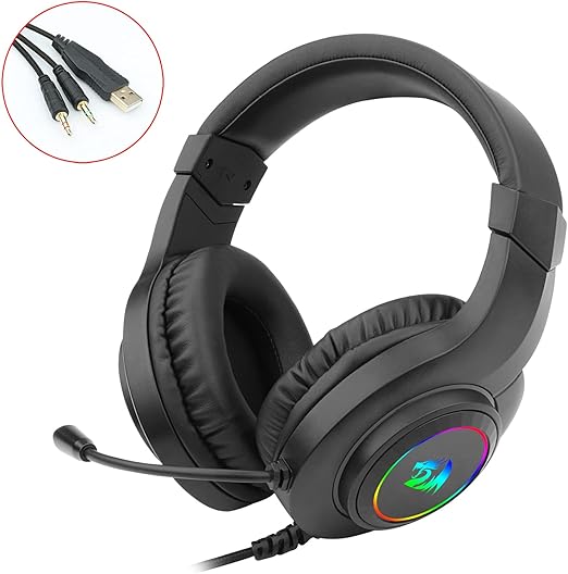 Redragon H260 HYLAS RGB Wired Gaming Headset – Rainbow RGB Ring, Leather Ear Cups, Flexible Gooseneck Mic, On-Cup Volume Slider, 3.5mm + USB – Black / White