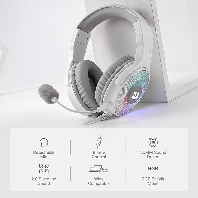 Redragon H350 RGB Wired Gaming Headset – 50mm Drivers, 2.0 Stereo Surround, RGB Earcup Underglow (Dynamic/Static/Off), Detachable Noise-Canceling Mic, In-Line Control – White