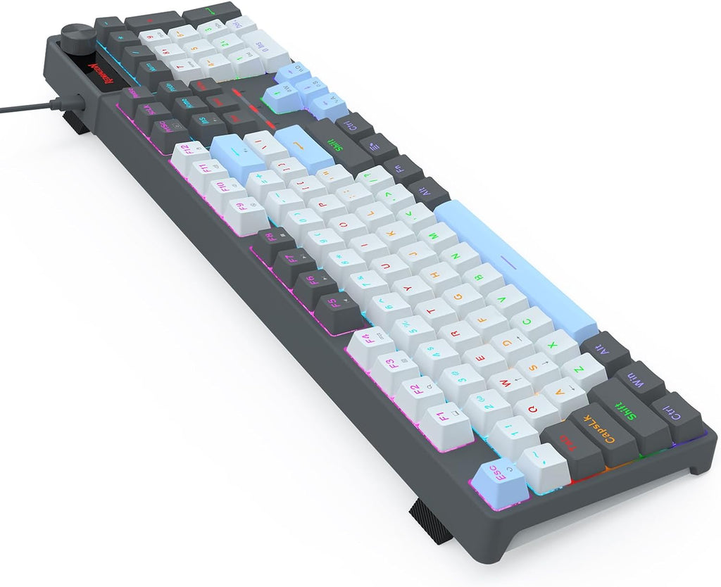 Redragon K718 RGB Full Size Hot-Swap Wired Mechanical Gaming Keyboard – 104 Keys, Red Switch, Dedicated Knob, Sound Absorbing Foam, Mixed Color Keycaps – Gray/White/Blue