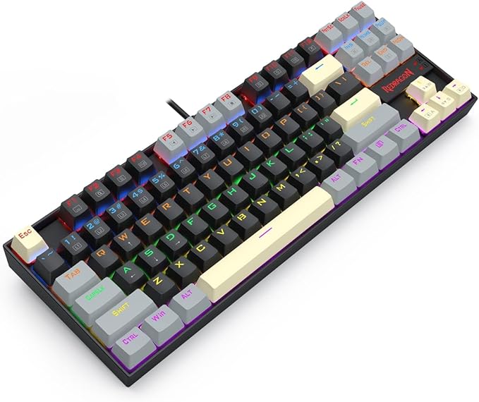 Redragon K552-LGY KUMARA RGB Wired Mechanical Gaming Keyboard – 87 Keys TKL, Hot-Swappable Switch, Double-Shot Keycaps – Black/Gray/Cream