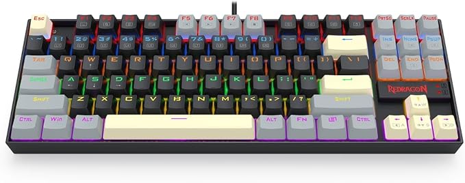 Redragon K552-LGY KUMARA RGB Wired Mechanical Gaming Keyboard – 87 Keys TKL, Hot-Swappable Switch, Double-Shot Keycaps – Black/Gray/Cream