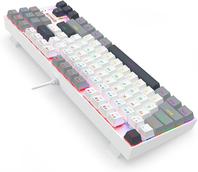 Redragon K552-WGL KUMARA RGB Wired Mechanical Gaming Keyboard – 87 Keys TKL, Hot-Swappable Red Switch, Rainbow LED – White/Gray/Black