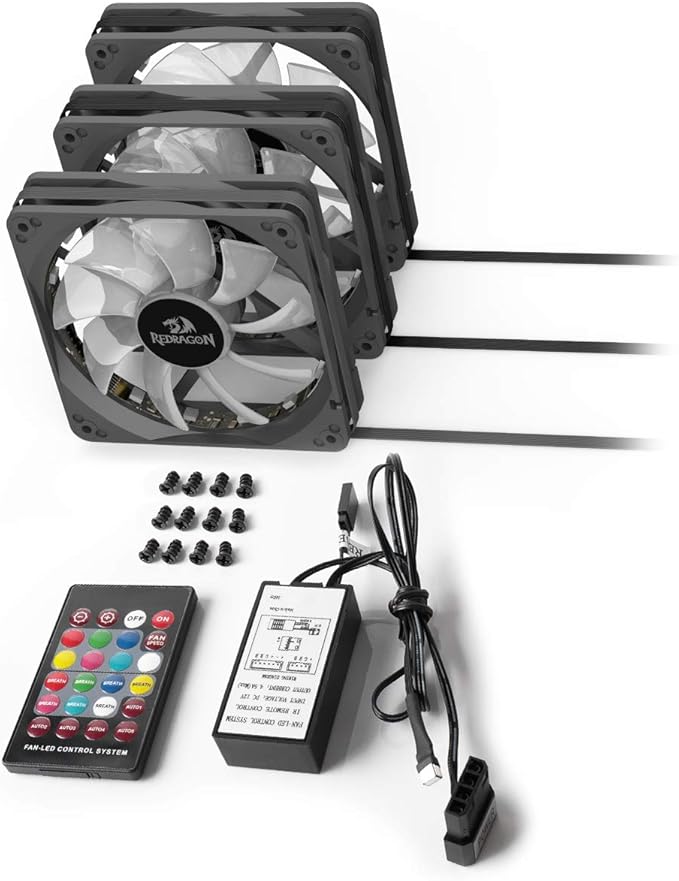 Redragon 120mm RGB Case Fan 3-Pack – 15 LEDs, 7 Colors, 1200 RPM, Super Quiet High Airflow, Wireless Remote Fan Speed Control, 6-PIN Connector – Black