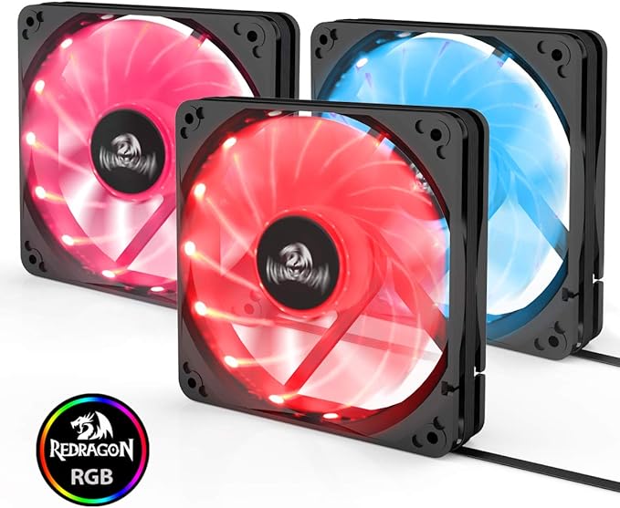 Redragon 120mm RGB Case Fan 3-Pack – 15 LEDs, 7 Colors, 1200 RPM, Super Quiet High Airflow, Wireless Remote Fan Speed Control, 6-PIN Connector – Black