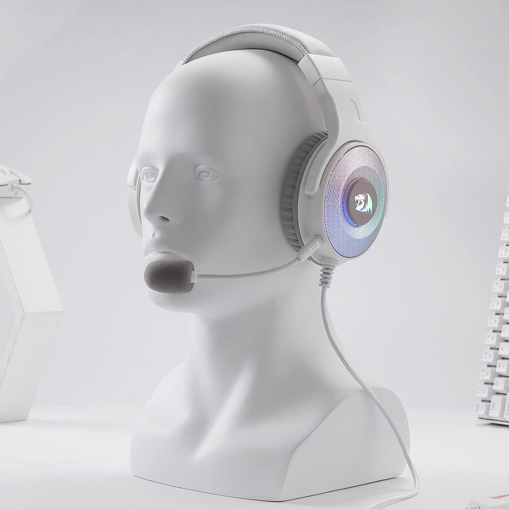 Redragon H350 RGB Wired Gaming Headset – 50mm Drivers, 2.0 Stereo Surround, RGB Earcup Underglow (Dynamic/Static/Off), Detachable Noise-Canceling Mic, In-Line Control – White