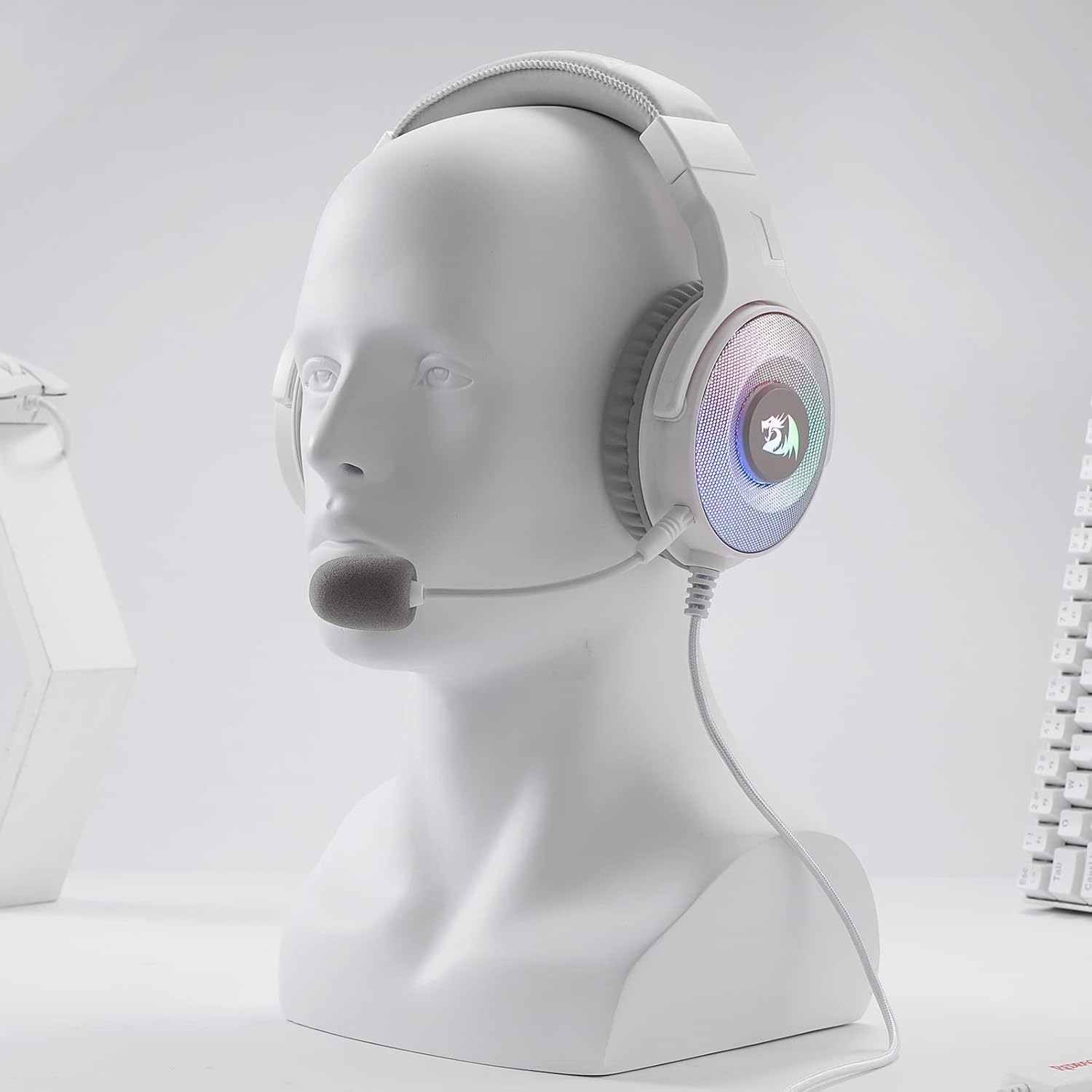 Redragon H350 RGB Wired Gaming Headset – 50mm Drivers, 2.0 Stereo Surround, RGB Earcup Underglow (Dynamic/Static/Off), Detachable Noise-Canceling Mic, In-Line Control – White