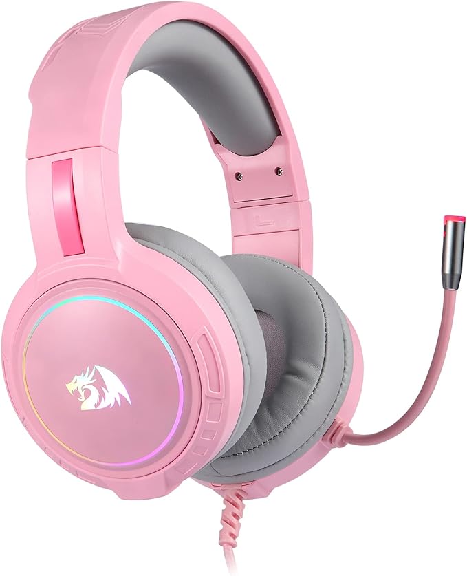 Redragon H270 MENTO RGB Wired Gaming Headset – Surround Sound, Rainbow RGB Dragon Logo, Detachable Boom Mic, Memory Foam Ear Pads, 3.5mm – Black / Pink / White