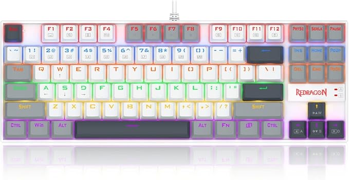 Redragon K552-WGL KUMARA RGB Wired Mechanical Gaming Keyboard – 87 Keys TKL, Hot-Swappable Red Switch, Rainbow LED – White/Gray/Black