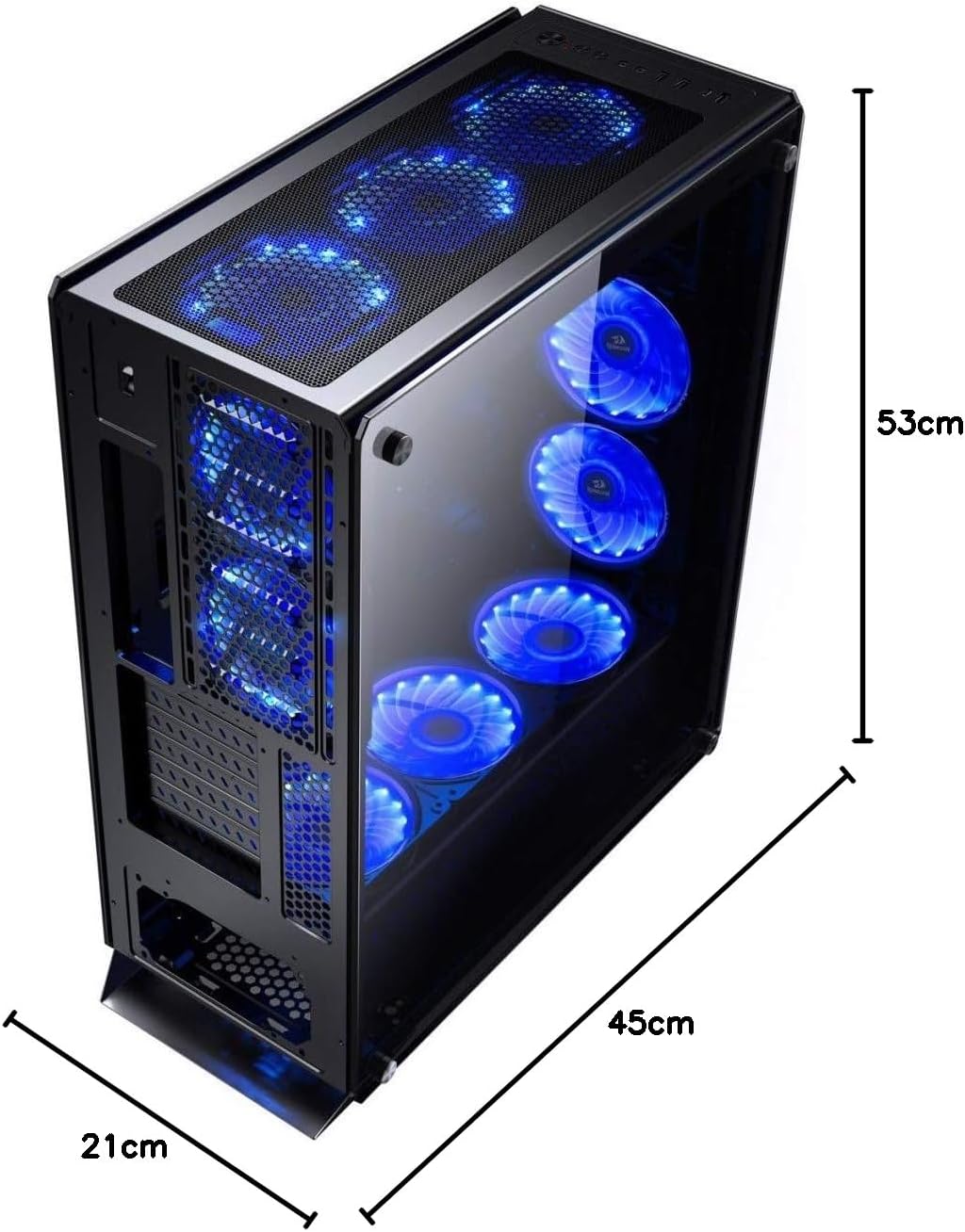 Redragon GC-801 IRONHIDE Full-Tower RGB Gaming PC Case – 4-Side Tempered Glass, 12 Fan Support, 6x GC-F008 RGB Turbo Fans Included, 360mm Radiator, CNC Aluminum Screws – Black