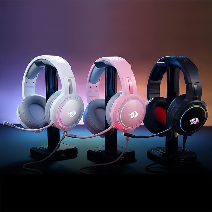 Redragon H270 MENTO RGB Wired Gaming Headset – Surround Sound, Rainbow RGB Dragon Logo, Detachable Boom Mic, Memory Foam Ear Pads, 3.5mm – Black / Pink / White