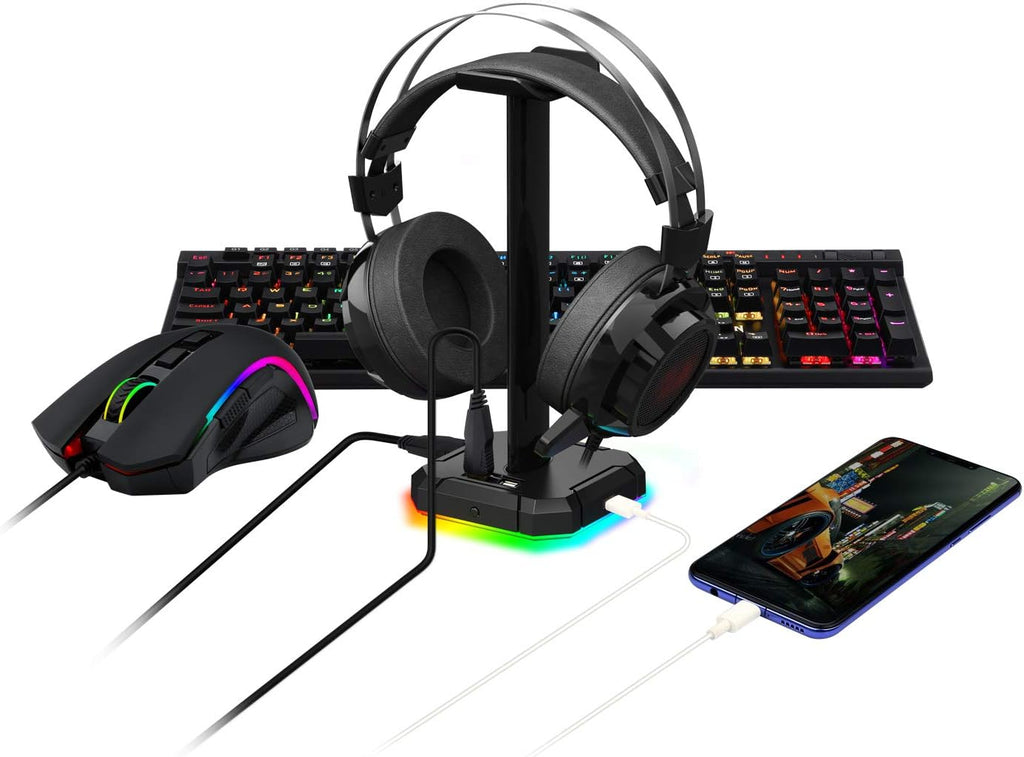 Redragon HA300 SCEPTER PRO RGB Gaming Headset Stand – Aluminum Bar, 2x USB Hub, 3.5mm AUX, Type-C Powered, Non-Slip Base – Black