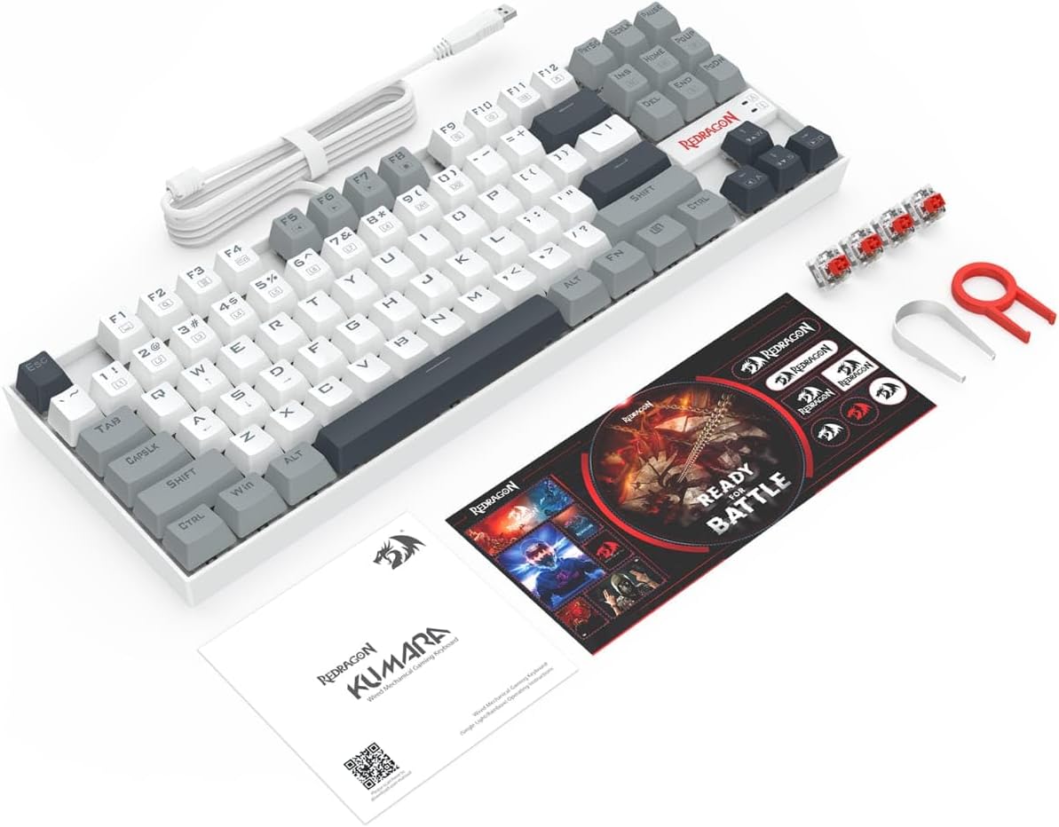 Redragon K552-WGL KUMARA RGB Wired Mechanical Gaming Keyboard – 87 Keys TKL, Hot-Swappable Red Switch, Rainbow LED – White/Gray/Black