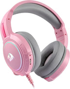 Redragon H270 MENTO RGB Wired Gaming Headset – Surround Sound, Rainbow RGB Dragon Logo, Detachable Boom Mic, Memory Foam Ear Pads, 3.5mm – Black / Pink / White