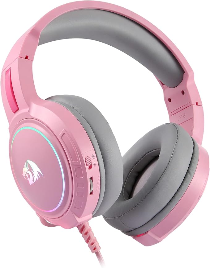 Redragon H270 MENTO RGB Wired Gaming Headset – Surround Sound, Rainbow RGB Dragon Logo, Detachable Boom Mic, Memory Foam Ear Pads, 3.5mm – Black / Pink / White