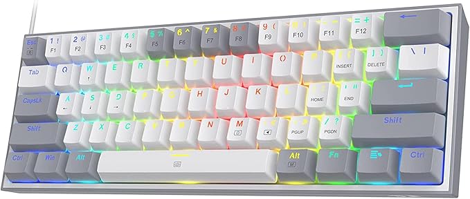 Redragon K616 FIZZ PRO RGB Wireless Tri-Mode Mechanical Gaming Keyboard – 61 Keys 60% Layout, Red Switch, N-Key Rollover, Detachable USB-C – White/Gray