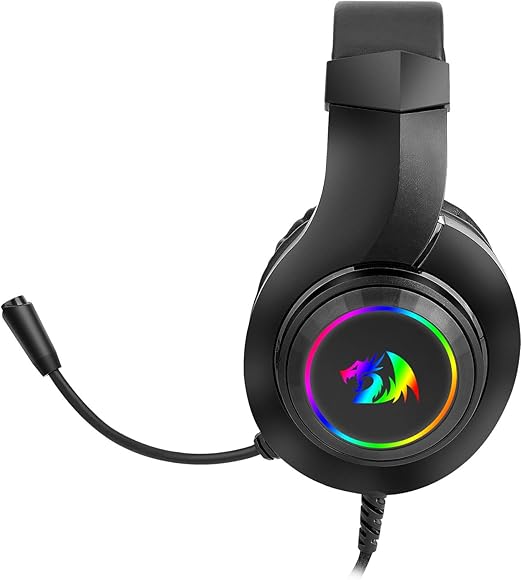 Redragon H260 HYLAS RGB Wired Gaming Headset – Rainbow RGB Ring, Leather Ear Cups, Flexible Gooseneck Mic, On-Cup Volume Slider, 3.5mm + USB – Black / White
