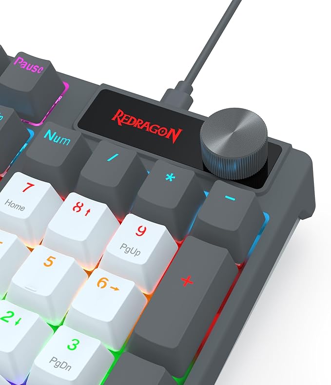 Redragon K718 RGB Full Size Hot-Swap Wired Mechanical Gaming Keyboard – 104 Keys, Red Switch, Dedicated Knob, Sound Absorbing Foam, Mixed Color Keycaps – Gray/White/Blue