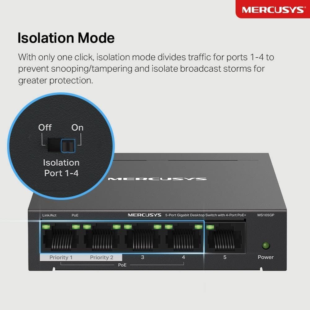 ميركوسيس سويتش بـ5 منافذ 10/100/1000 ميجابت لكل ثانية مع 4 منافذ PoE+ (MS105GP) 