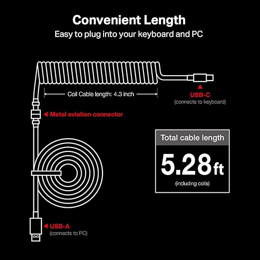 Redragon A115 Coiled USB-C Keyboard Cable – Double-Sleeved, Professional Reversed Coil, Aviator Connector, Gold-Plated USB-A – Space Gray / White
