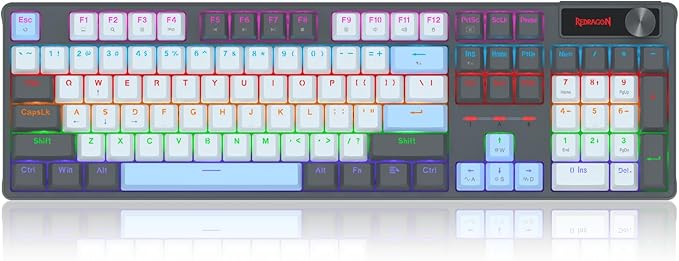Redragon K718 RGB Full Size Hot-Swap Wired Mechanical Gaming Keyboard – 104 Keys, Red Switch, Dedicated Knob, Sound Absorbing Foam, Mixed Color Keycaps – Gray/White/Blue
