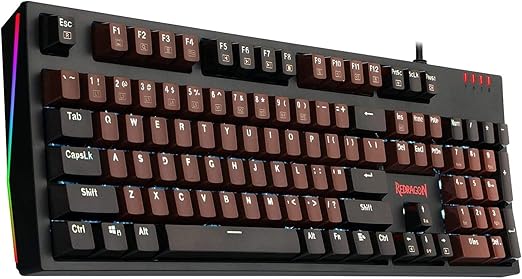 Redragon K592-PRO RGB Wired Mechanical Gaming Keyboard – 104 Keys Full Size, V-Optical Blue Switch, RGB Side Glow, Keycap Puller – Black/Brown
