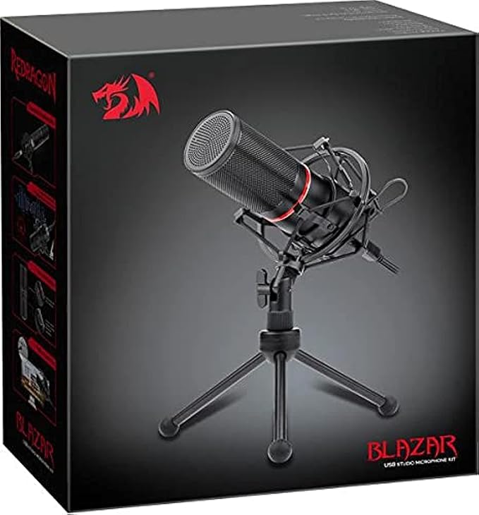 Redragon GM300 BLAZAR USB Studio Gaming Stream Microphone – Large Diaphragm Condenser, Cardioid, Metal Spider Shock Mount, Tripod Stand – Black