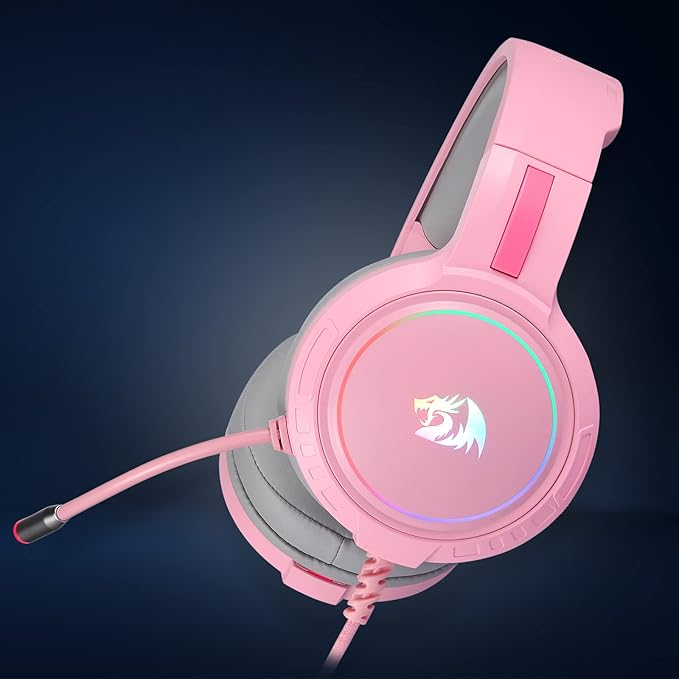 Redragon H270 MENTO RGB Wired Gaming Headset – Surround Sound, Rainbow RGB Dragon Logo, Detachable Boom Mic, Memory Foam Ear Pads, 3.5mm – Black / Pink / White