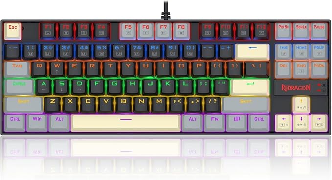 Redragon K552-LGY KUMARA RGB Wired Mechanical Gaming Keyboard – 87 Keys TKL, Hot-Swappable Switch, Double-Shot Keycaps – Black/Gray/Cream
