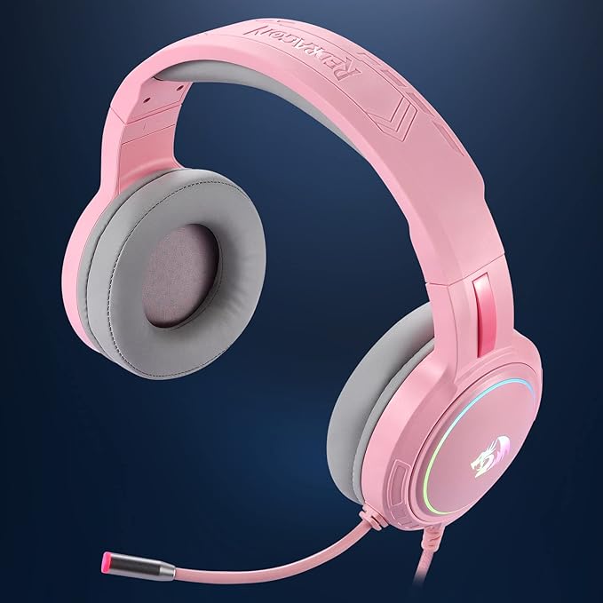 Redragon H270 MENTO RGB Wired Gaming Headset – Surround Sound, Rainbow RGB Dragon Logo, Detachable Boom Mic, Memory Foam Ear Pads, 3.5mm – Black / Pink / White