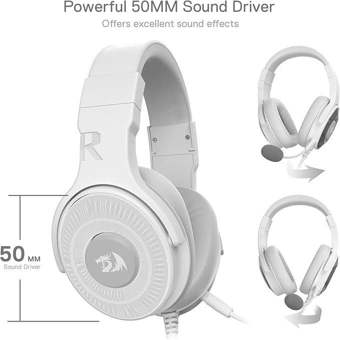 Redragon H350 RGB Wired Gaming Headset – 50mm Drivers, 2.0 Stereo Surround, RGB Earcup Underglow (Dynamic/Static/Off), Detachable Noise-Canceling Mic, In-Line Control – White