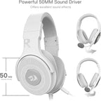 Redragon H350 RGB Wired Gaming Headset – 50mm Drivers, 2.0 Stereo Surround, RGB Earcup Underglow (Dynamic/Static/Off), Detachable Noise-Canceling Mic, In-Line Control – White