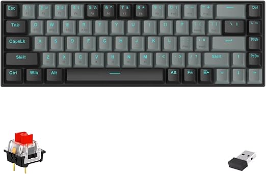 Redragon K662L-G1RS Wireless Portable 65% Mechanical Gaming Keyboard – 68 Keys, Red Switch, Double-Shot Keycaps, 2.4G + Bluetooth, 2×AAA Battery – Black/Gray