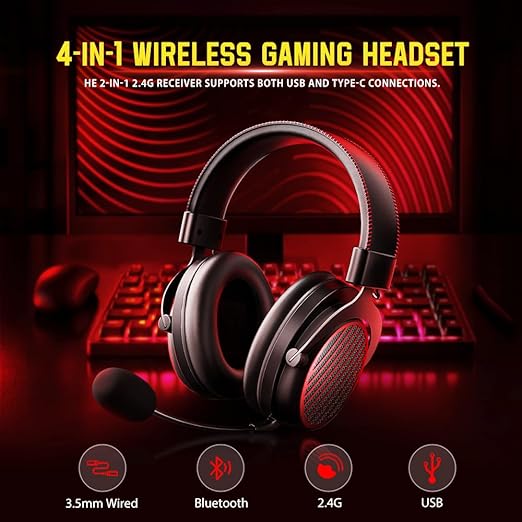 Redragon H540 PRO 4-in-1 Wireless Gaming Headset – Virtual 7.1 Surround, 53mm Drivers, Memory Foam, 360° Detachable Mic, Aluminum Bracket – Black