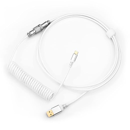 Redragon A115 Coiled USB-C Keyboard Cable – Double-Sleeved, Professional Reversed Coil, Aviator Connector, Gold-Plated USB-A – Space Gray / White