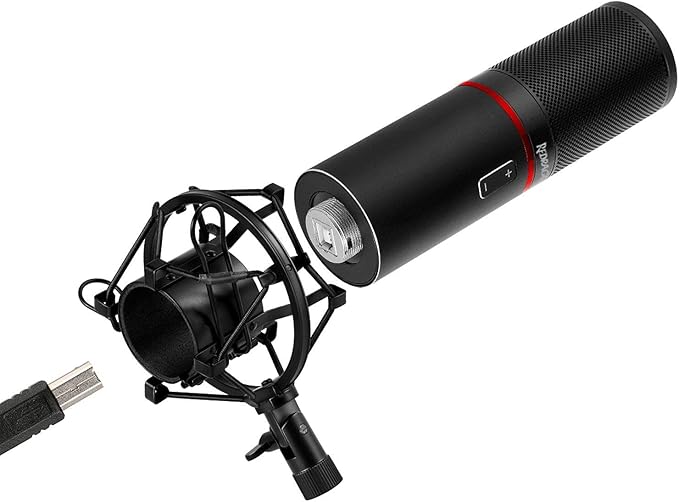 Redragon GM300 BLAZAR USB Studio Gaming Stream Microphone – Large Diaphragm Condenser, Cardioid, Metal Spider Shock Mount, Tripod Stand – Black