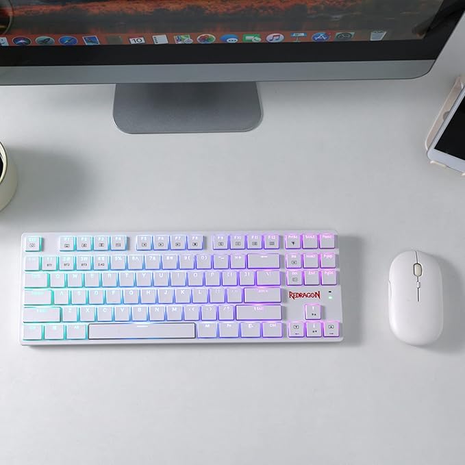 Redragon K539 Anubis 80% RGB 3-Mode Wireless Mechanical Gaming Keyboard – Low Profile TKL, Brown Switch – White